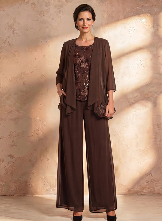 Brown floral lace mother of the bride pantsuit with embroidered top and chiffon jacket, elegant wedding outfit