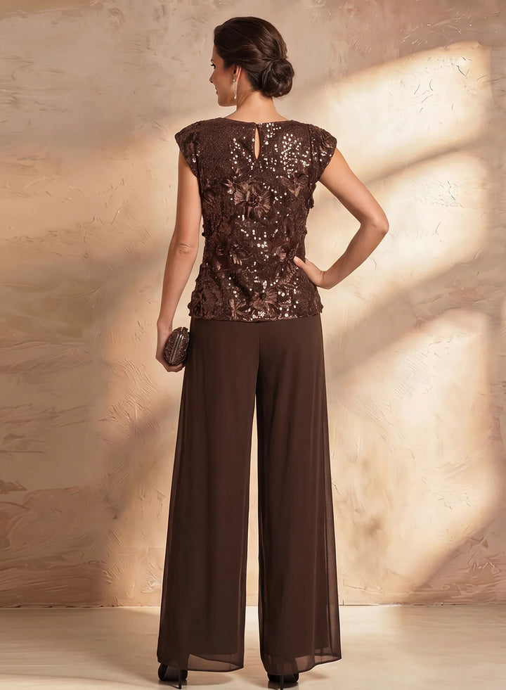 Back view of brown floral lace formal top with embroidered details, elegant mother of the bride outfit