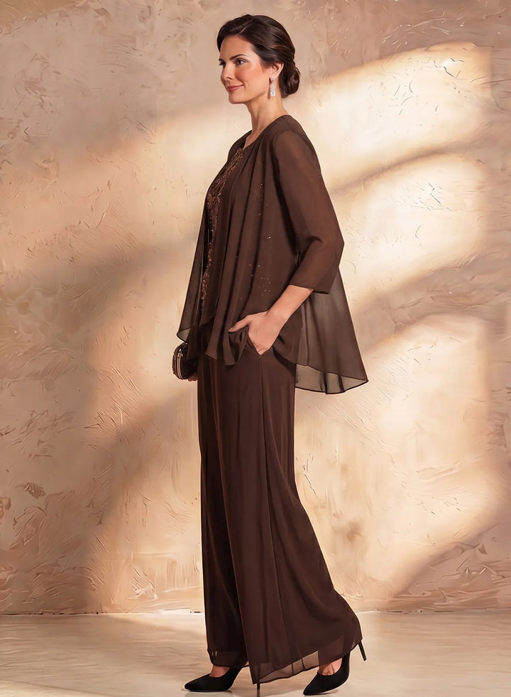 Side view of brown formal pantsuit featuring lightweight jacket and elegant silhouette