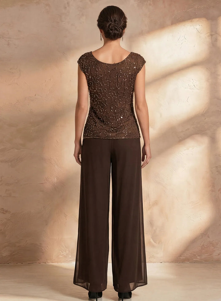 Back detail of brown mother of the bride outfit with coordinated formal pants