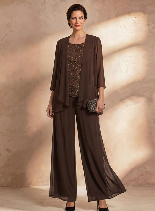 Brown mother of the bride pantsuit with beaded lace top, matching jacket and wide leg formal pants