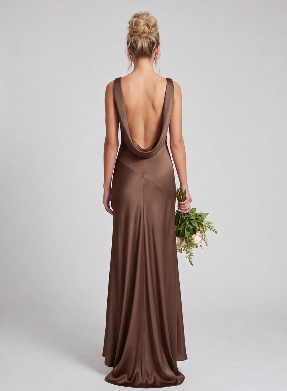 Brown satin bridesmaid dress with low open back and draped skirt back view