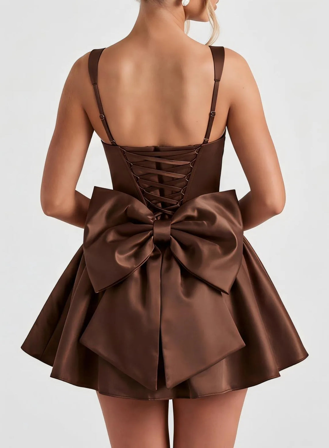 Veloria Brown Satin Bow Back Mini Dress