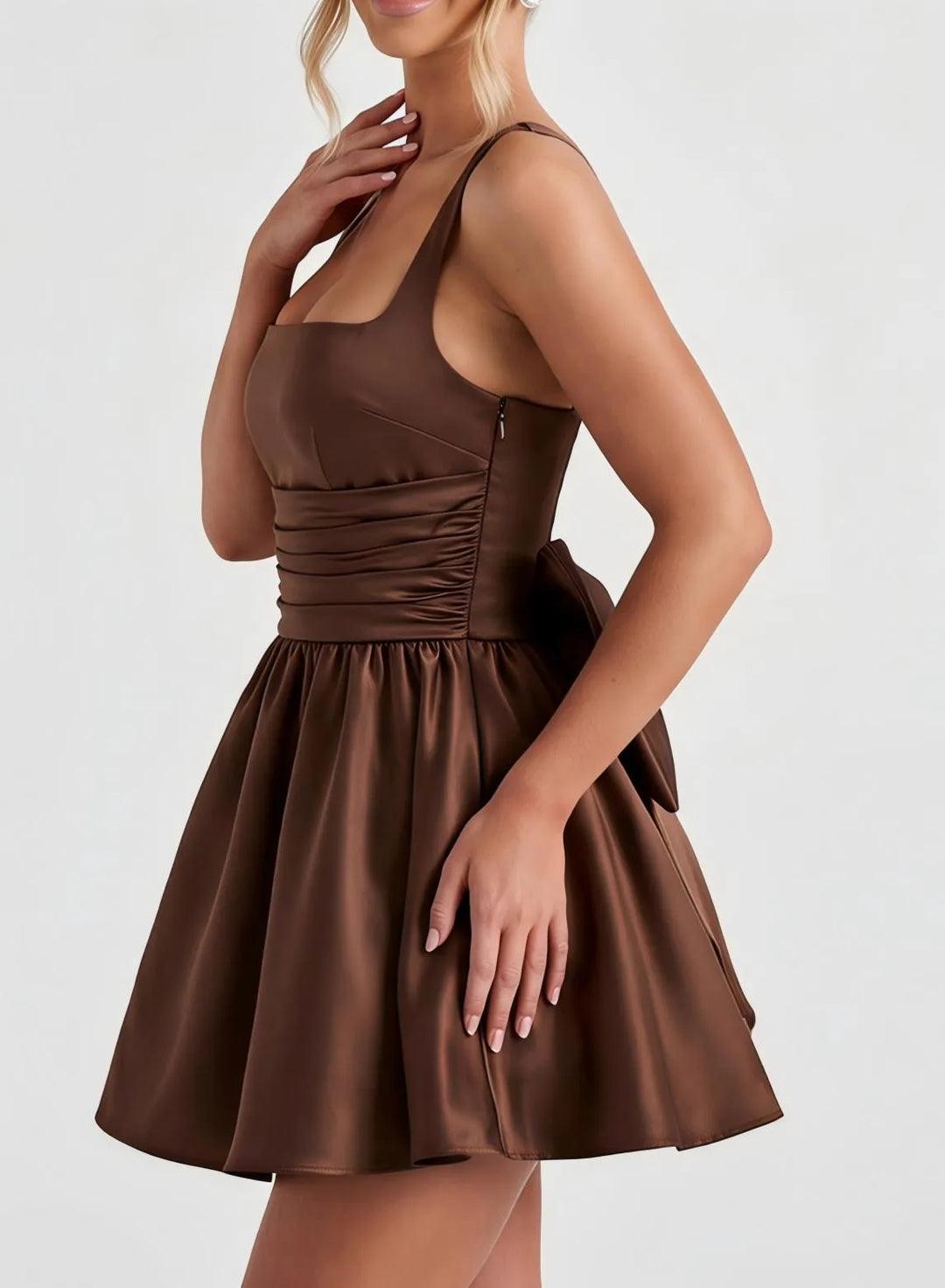 Brown Satin Bow Back Mini Dress | Square Neck Homecoming Dress