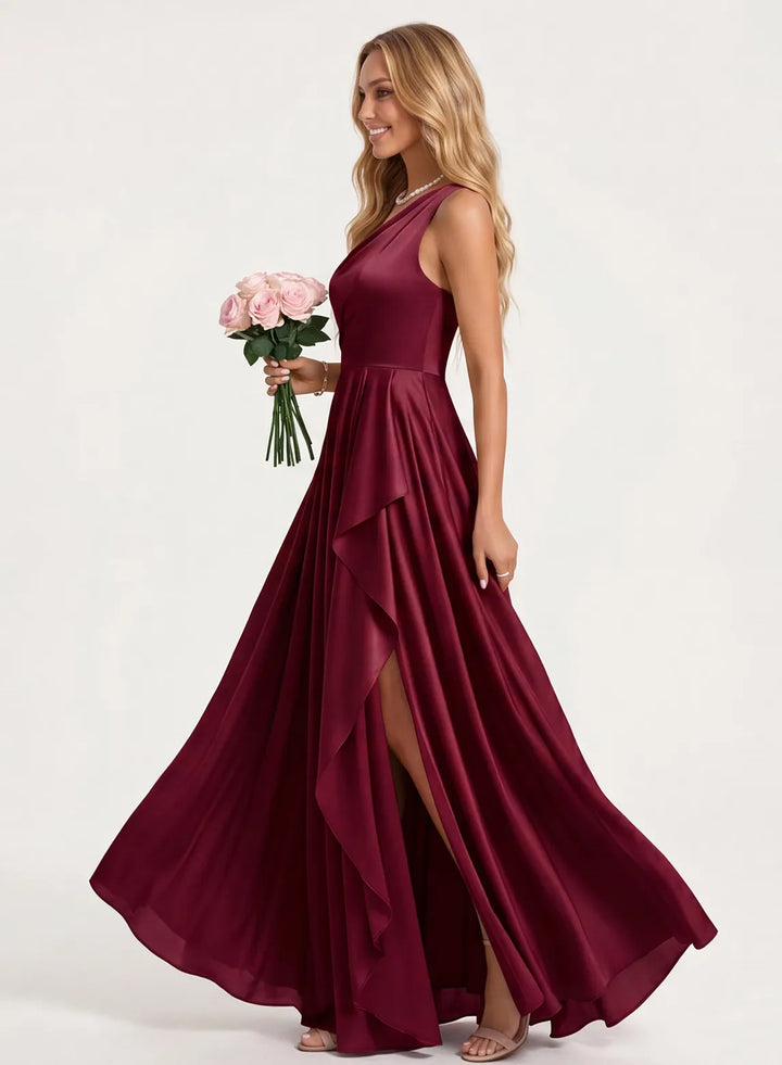 Burgundy A-line bridesmaid gown with flowing satin skirt for wedding occasions