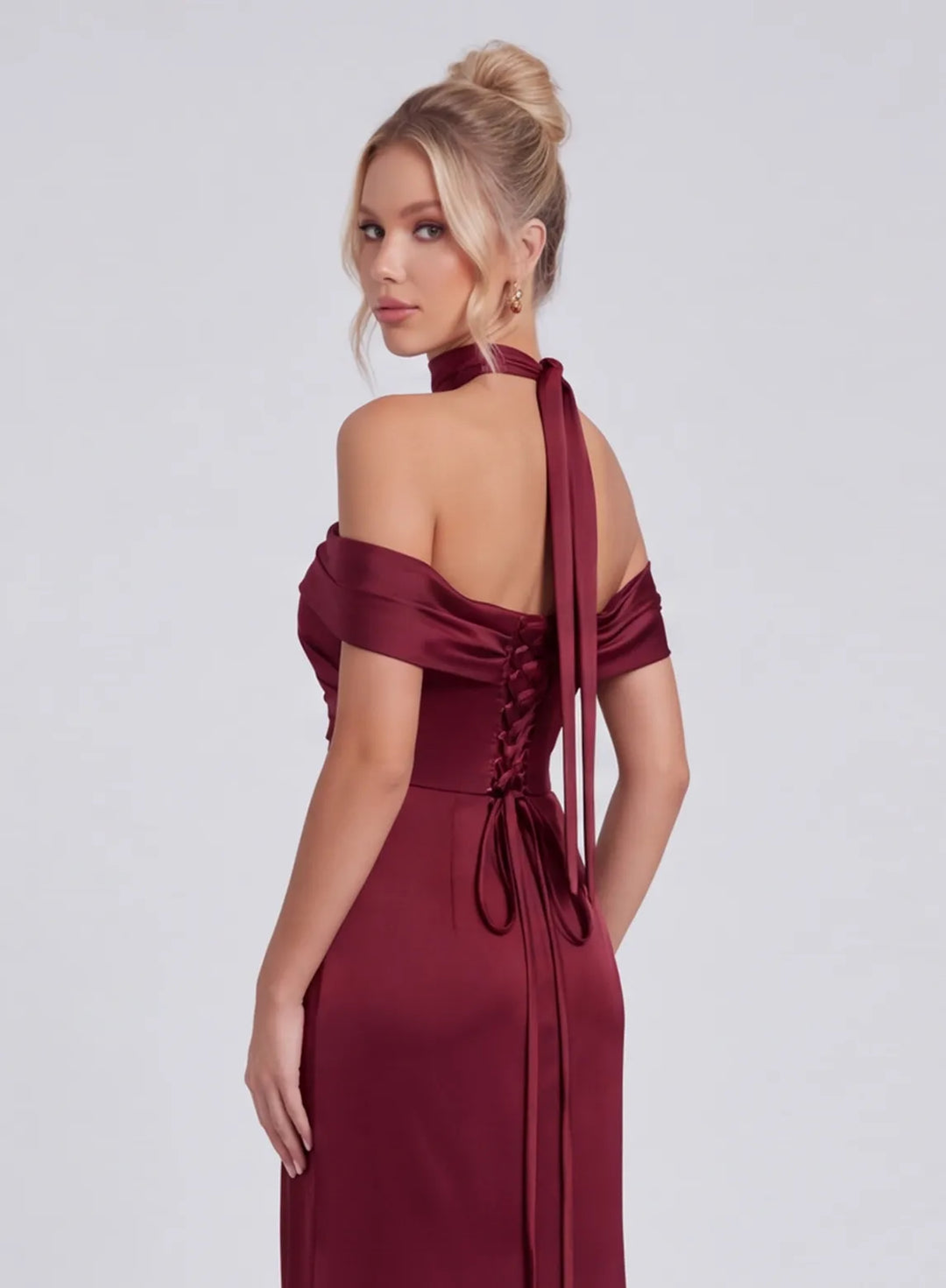 Burgundy bridesmaid dress with adjustable lace-up back detail
