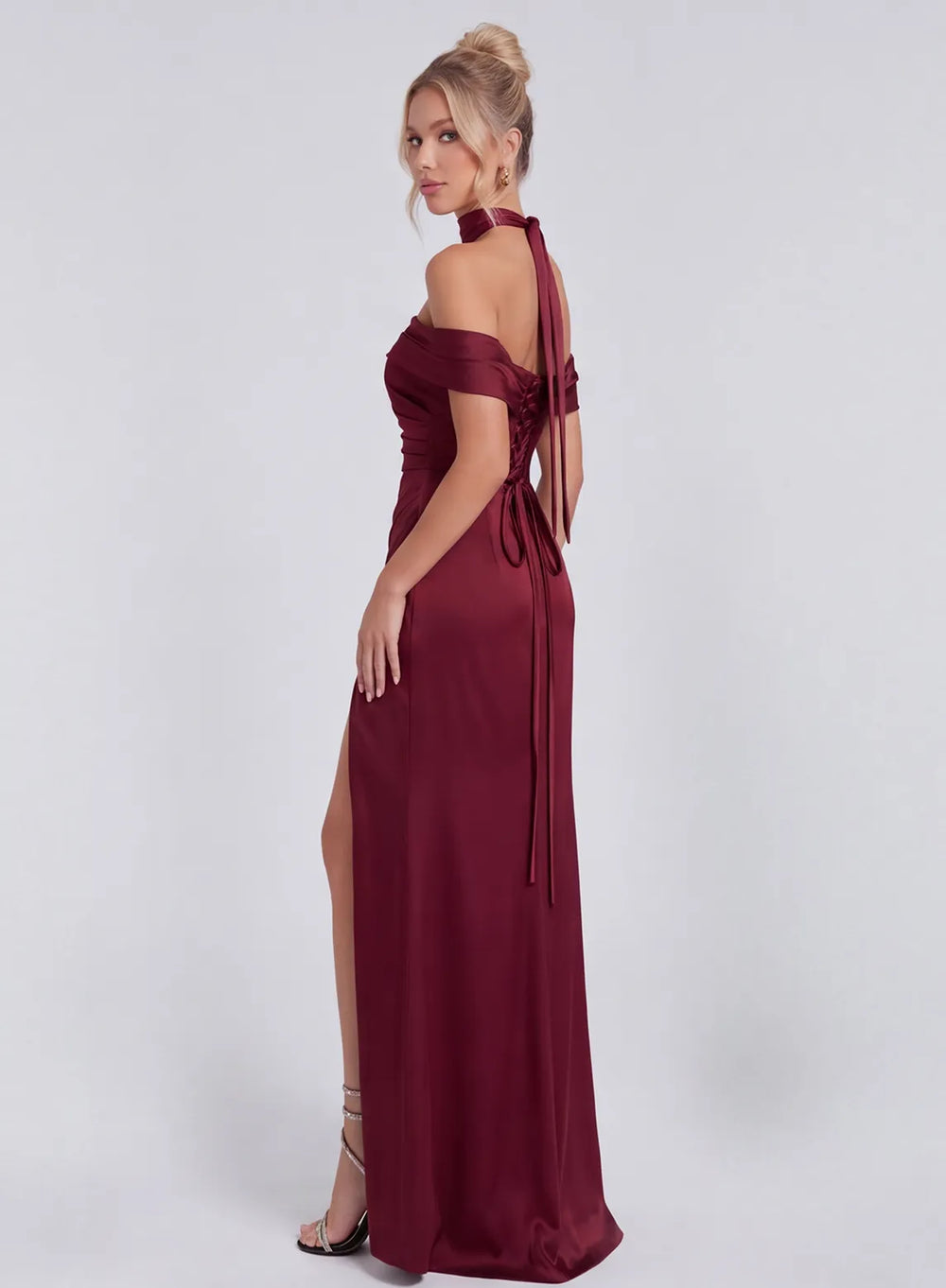 Burgundy bridesmaid dress side back view with lace-up back