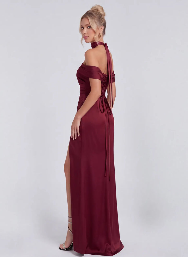 Burgundy bridesmaid dress side back view with lace-up back