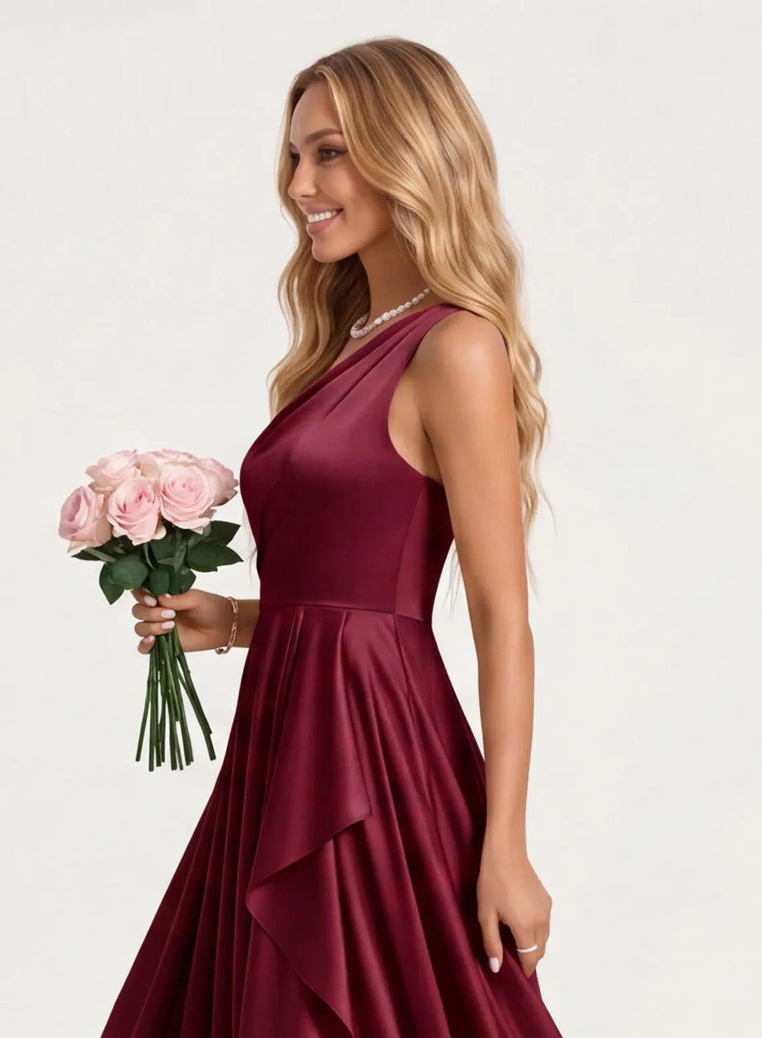 Burgundy bridesmaid dress with stylish side slit and flattering satin fabric