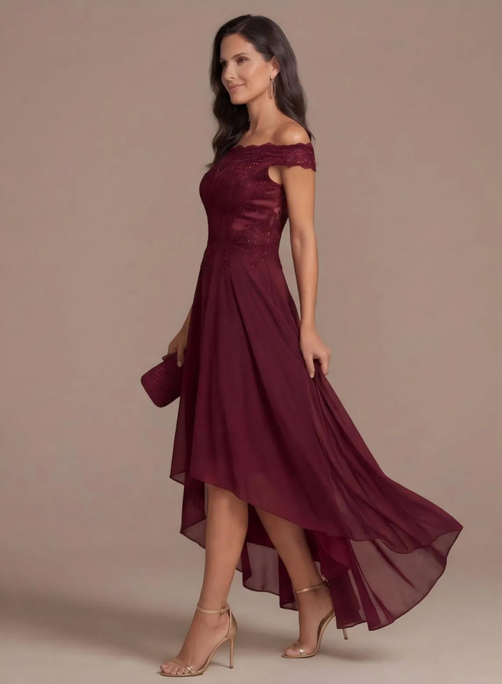 Burgundy chiffon high-low formal dress side view
