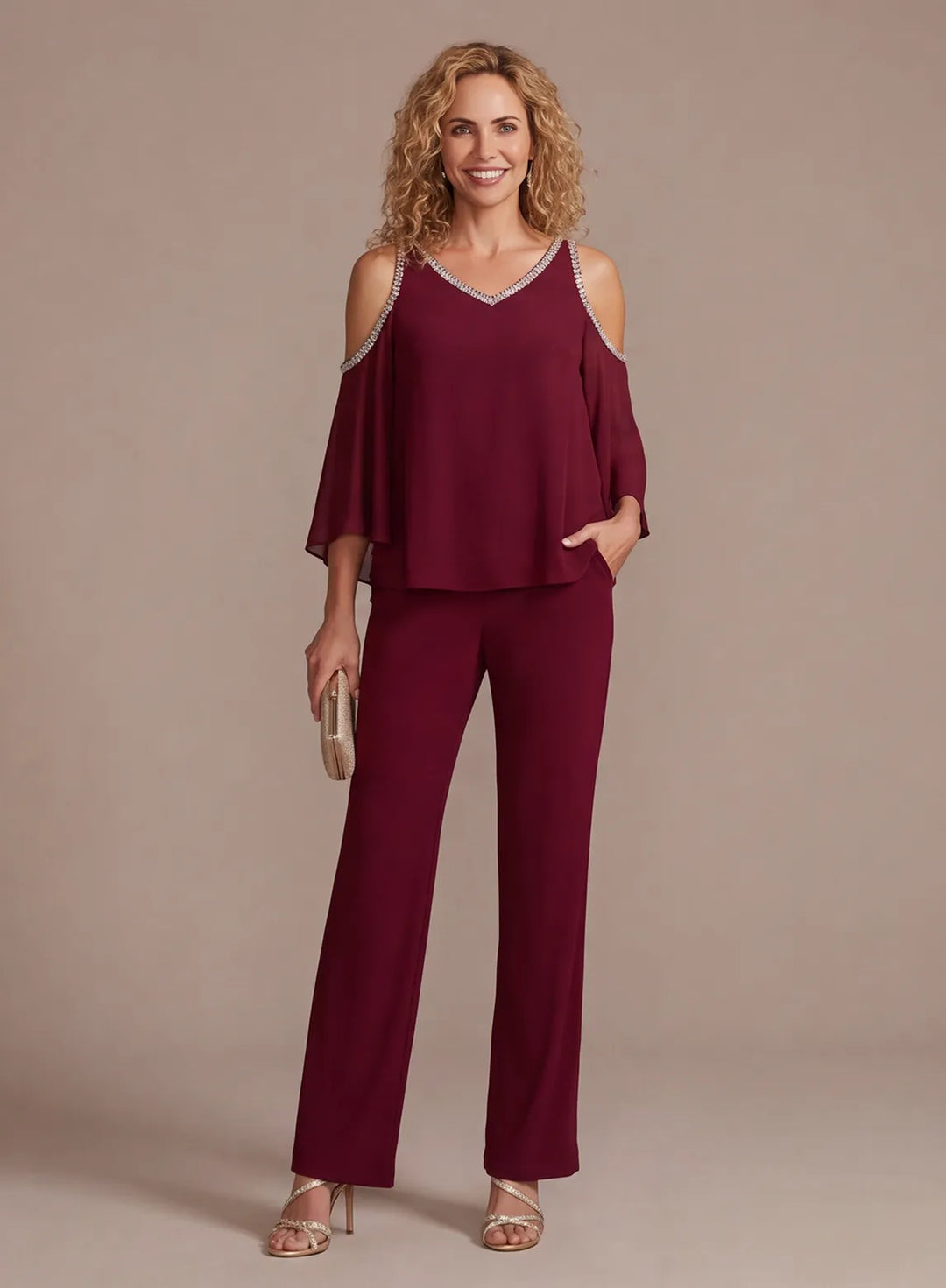 Burgundy cold shoulder pantsuit for mother of the bride with matching straight leg pants