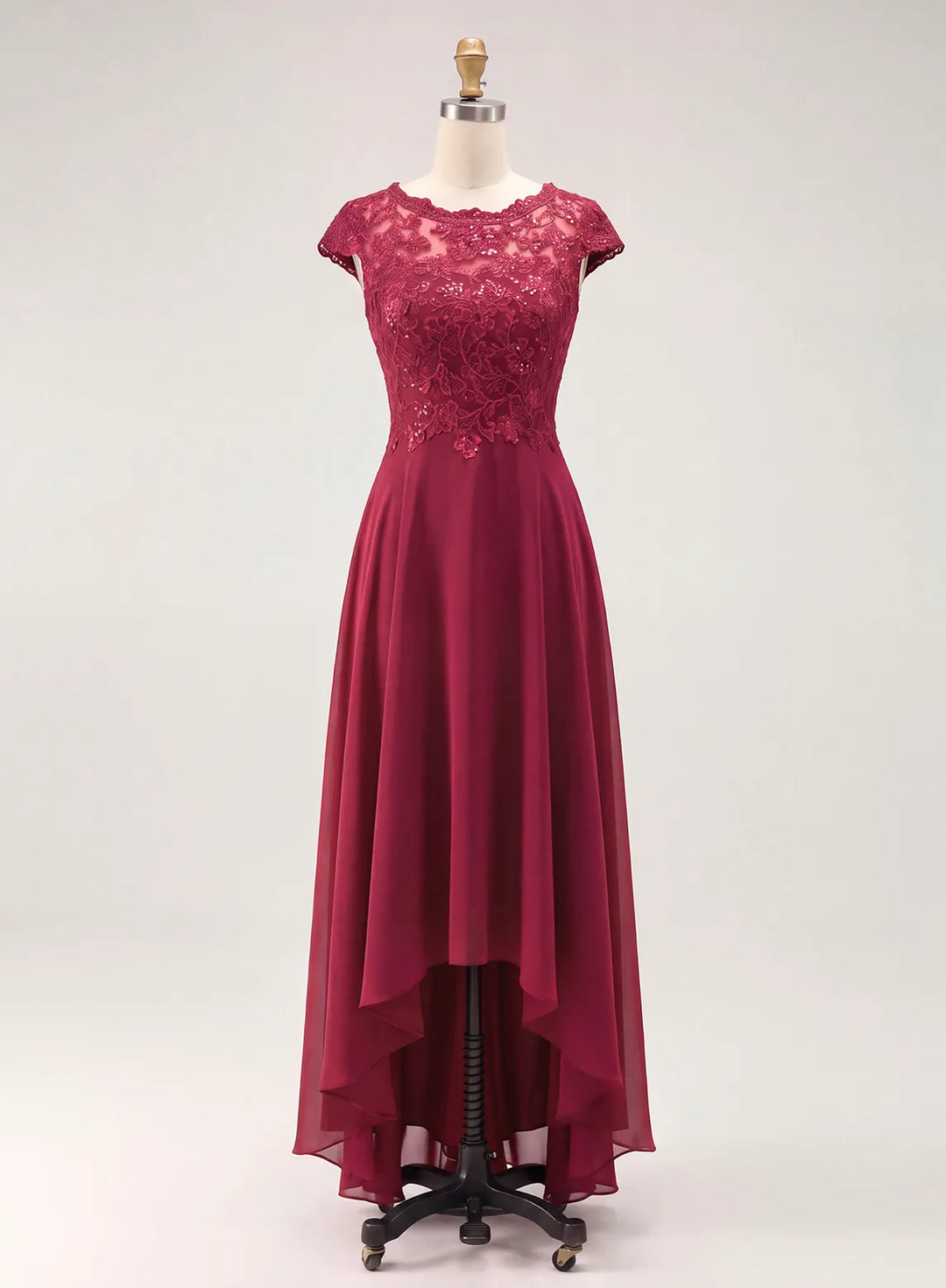 Burgundy fall wedding guest dress with sparkling lace bodice and flowing high-low hem