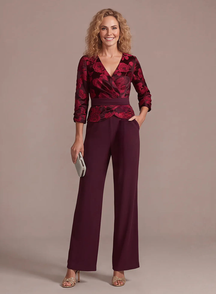 Burgundy floral jacquard pantsuit for mother of the bride with wide leg pants