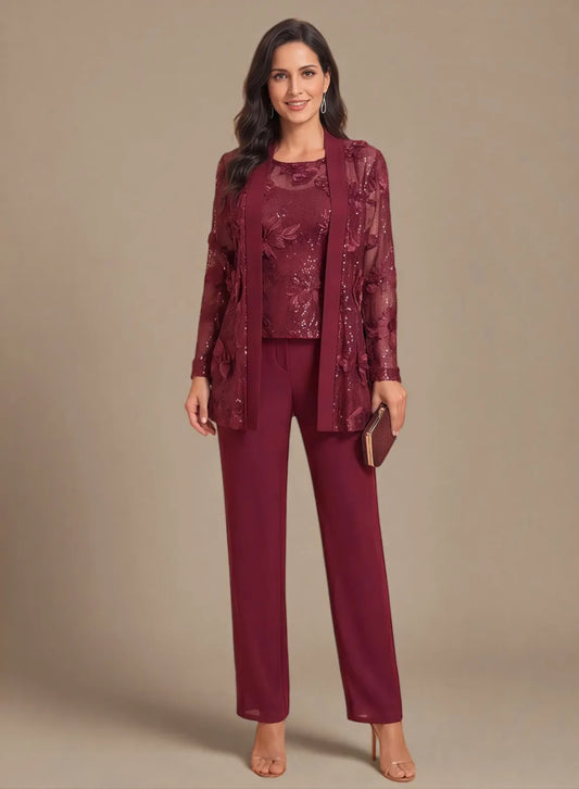 Burgundy formal evening pant suit with lace jacket and elegant wide leg pants