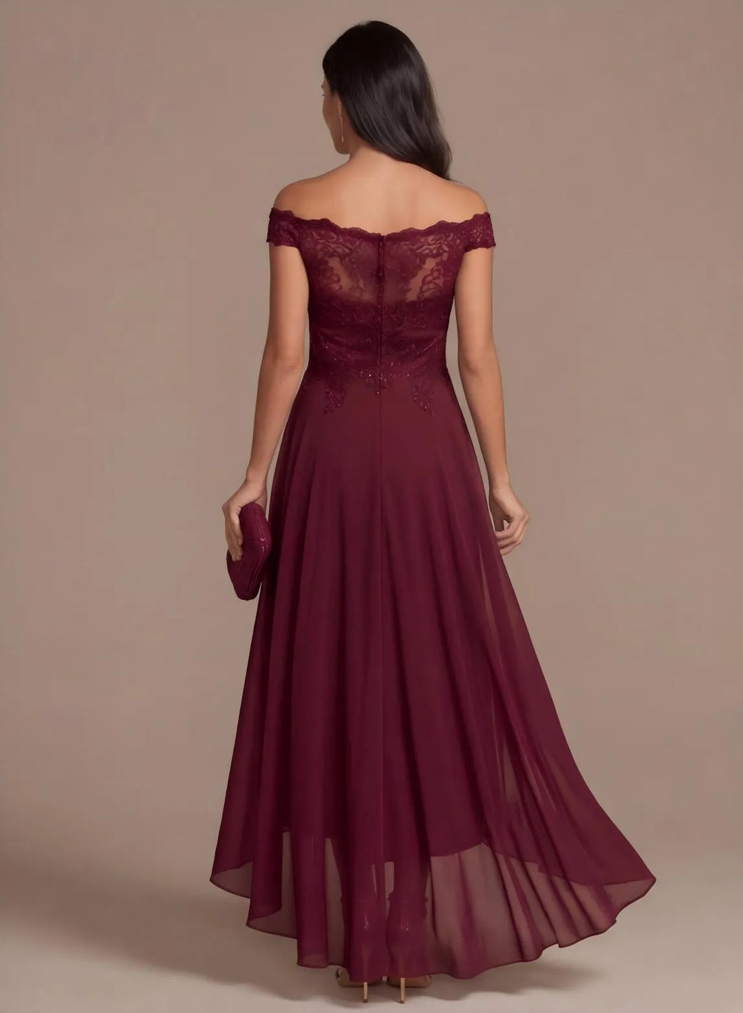 Burgundy lace chiffon formal dress back view