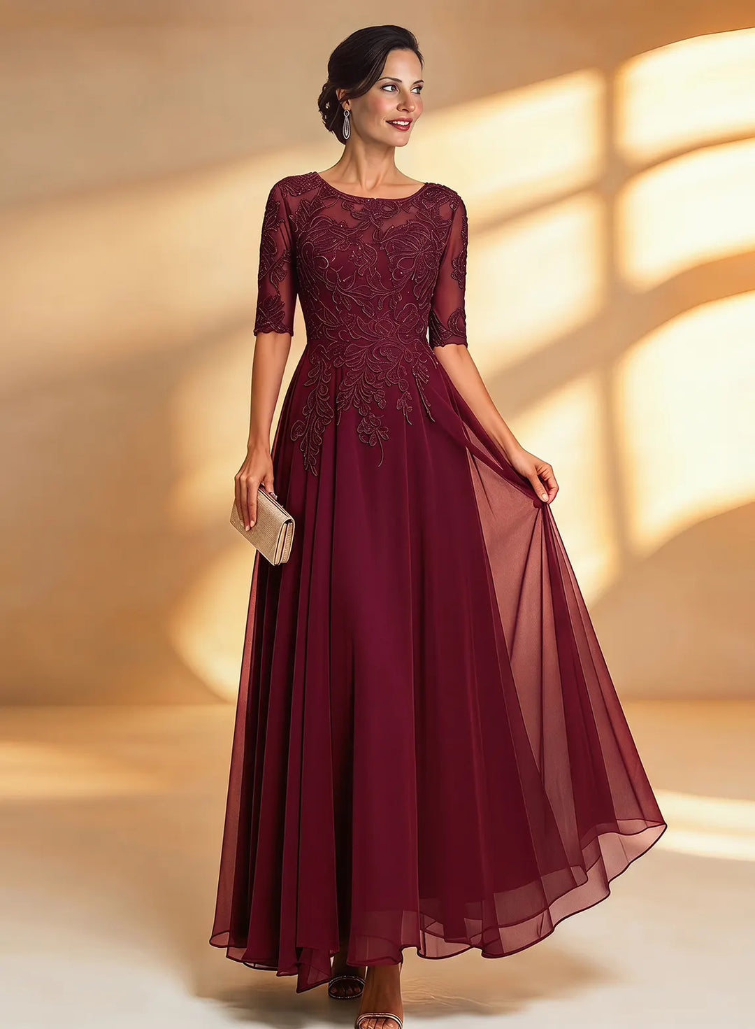 Burgundy Lace Mother of the Bride Dress Midi A-Line Formal Wedding Guest Dress