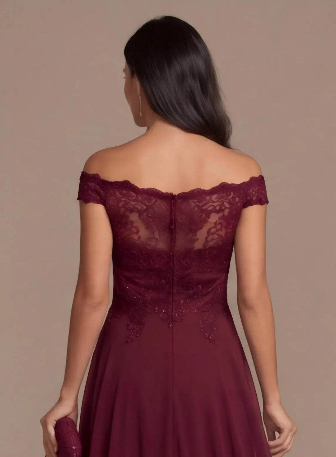 Burgundy lace off-shoulder dress back detail