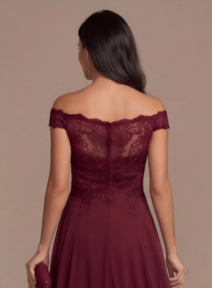 Burgundy lace off-shoulder dress back detail