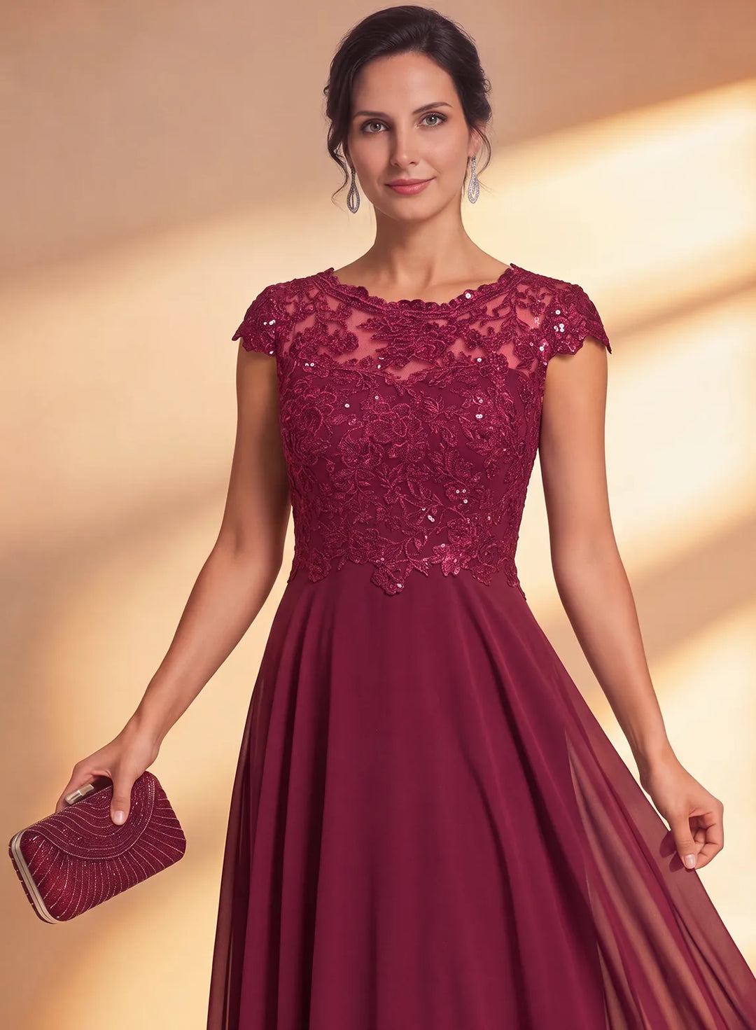 Burgundy lace sequin formal evening dress with flowing long skirt, elegant gown for weddings and special occasions