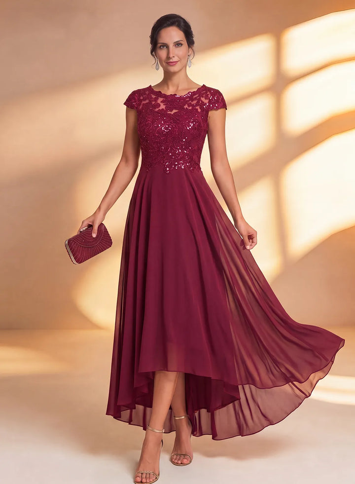 Burgundy lace sequin midi mother of the bride dress with sheer sleeves