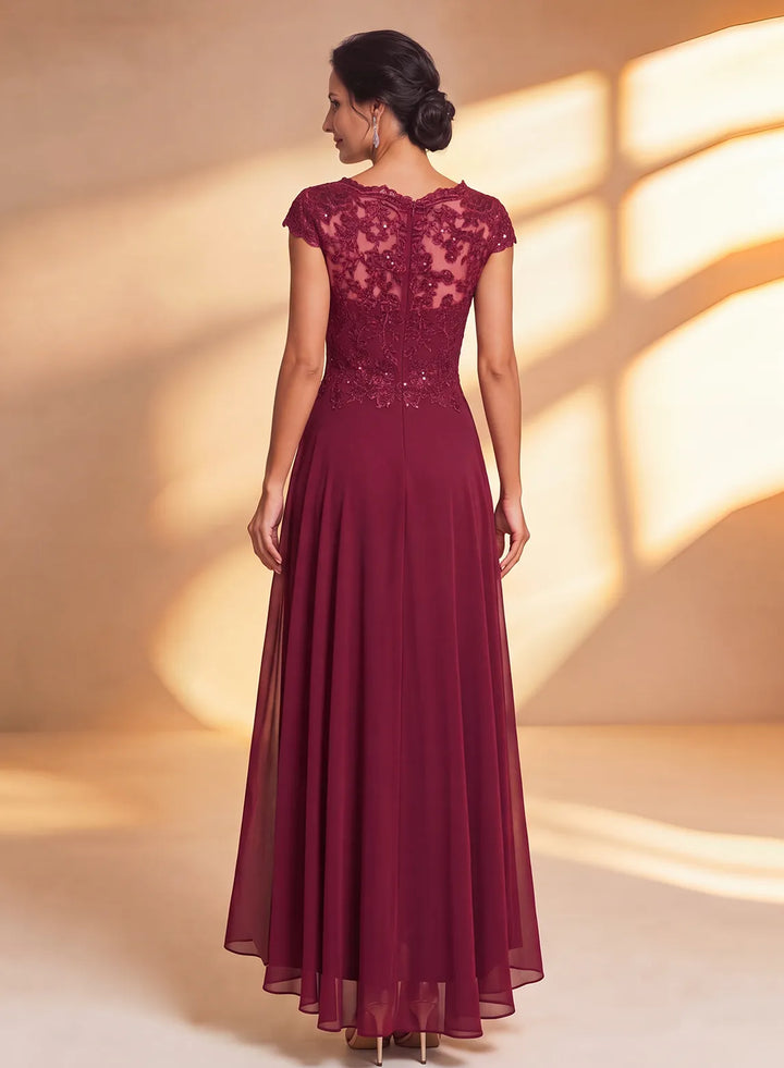 Burgundy lace sequin wedding guest dress with long flowing skirt and elegant formal design