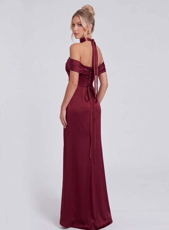Burgundy floor length bridesmaid dress with lace-up back