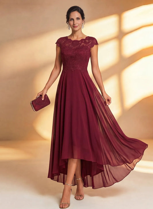Burgundy lace wedding guest dress with long flowing skirt and elegant formal design