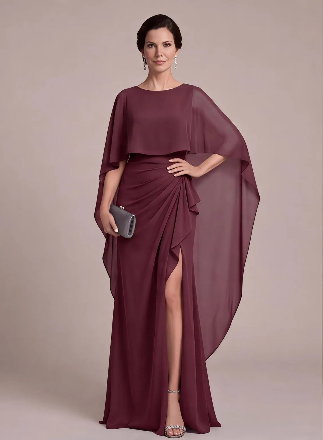 Burgundy mother of the bride dress with elegant cape sleeves and ruched waist
