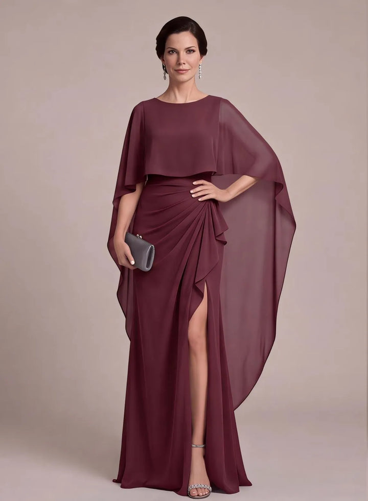 Burgundy mother of the bride dress with elegant cape sleeves and ruched waist