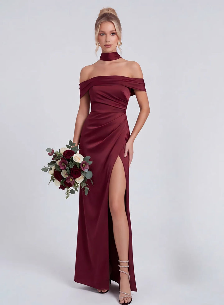 Burgundy off shoulder bridesmaid dress with thigh-high slit front view