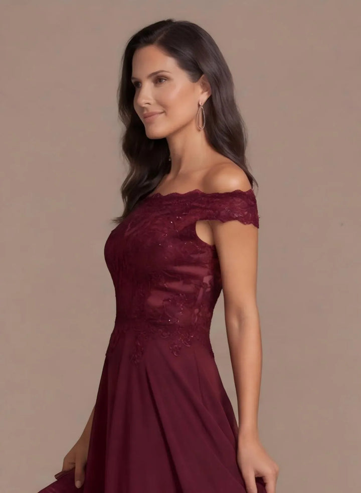 Burgundy off-shoulder formal dress side detail