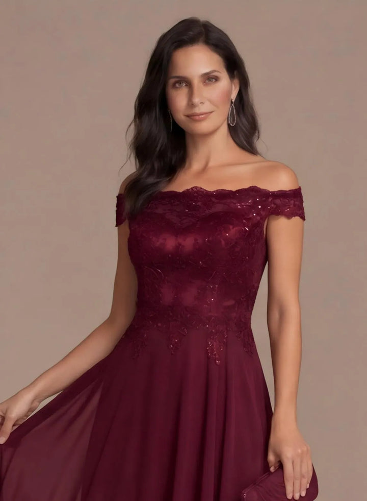 Burgundy off-shoulder lace bodice formal dress detail