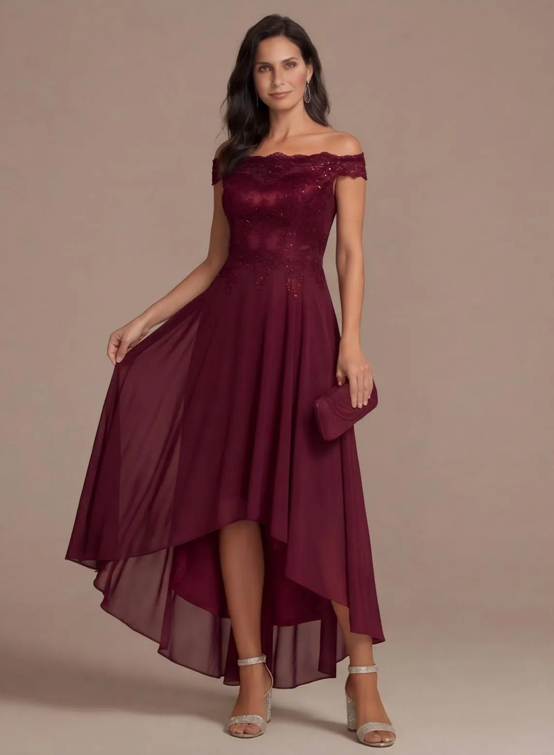 Burgundy off-shoulder lace high-low formal dress front view