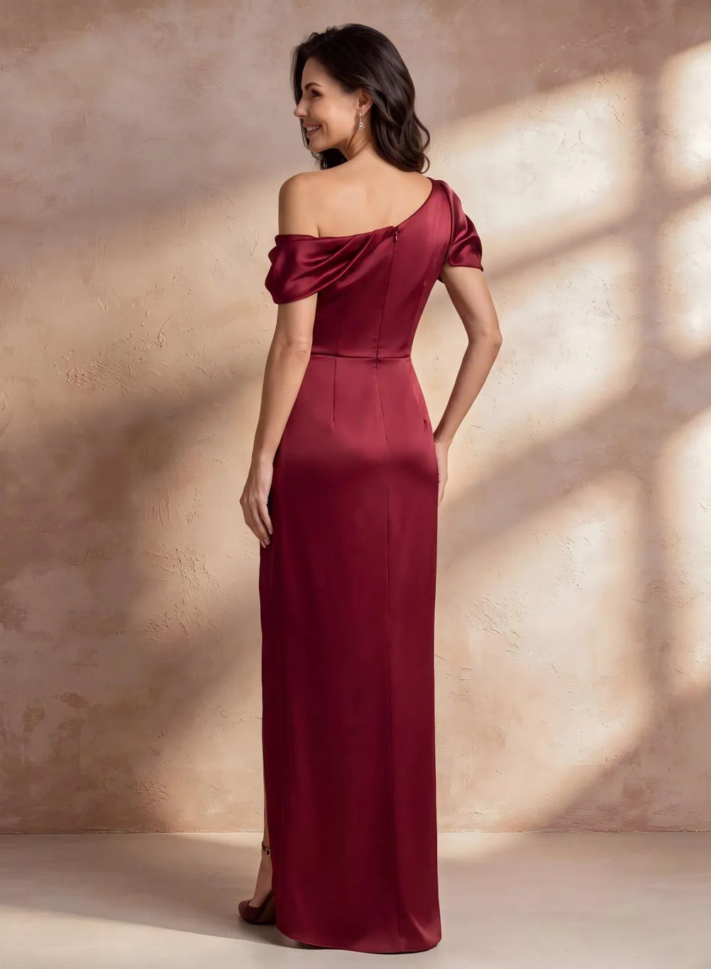 Burgundy off shoulder satin mother of the bride dress back view with floor length elegant gown