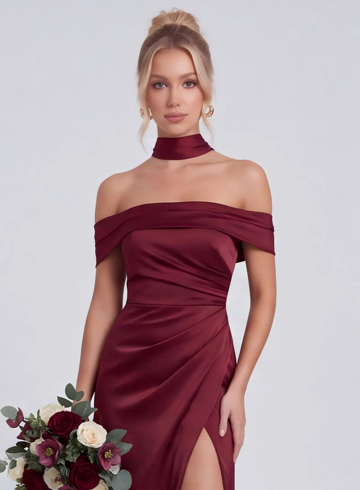 Burgundy ruched off shoulder bridesmaid dress detail