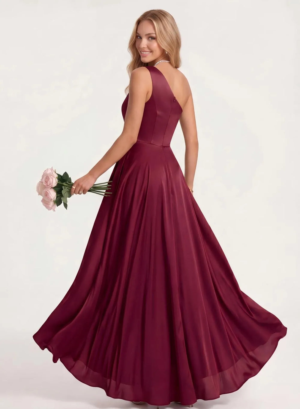 Back view of burgundy satin bridesmaid dress with elegant floor length design
