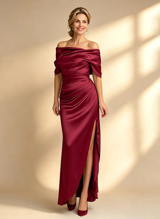 Burgundy satin formal dress with elegant high slit and smooth flowing fabric detail