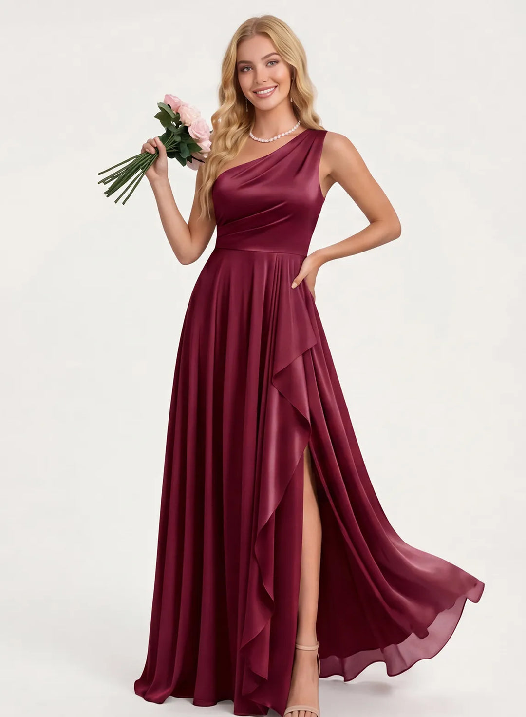 Burgundy satin one shoulder bridesmaid dress with A-line silhouette and side slit