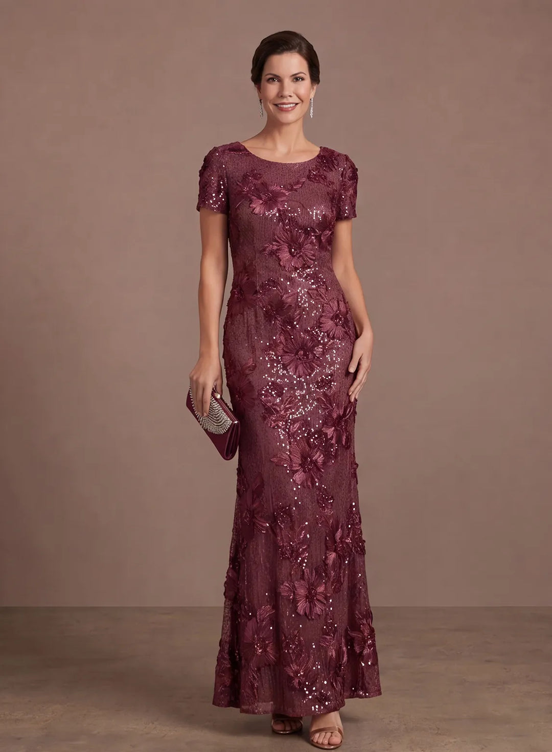 Burgundy floral sequin mermaid evening gown with short sleeves and floor-length skirt, front view