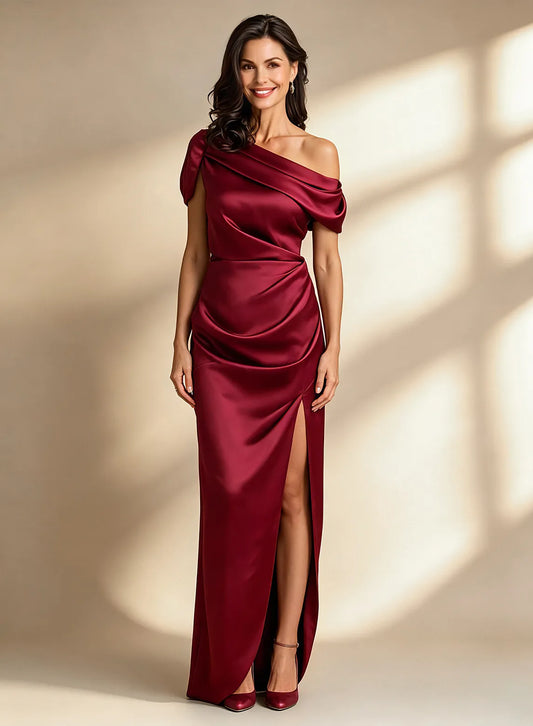 Burgundy wedding guest dress featuring luxurious satin fabric and elegant fitted silhouette