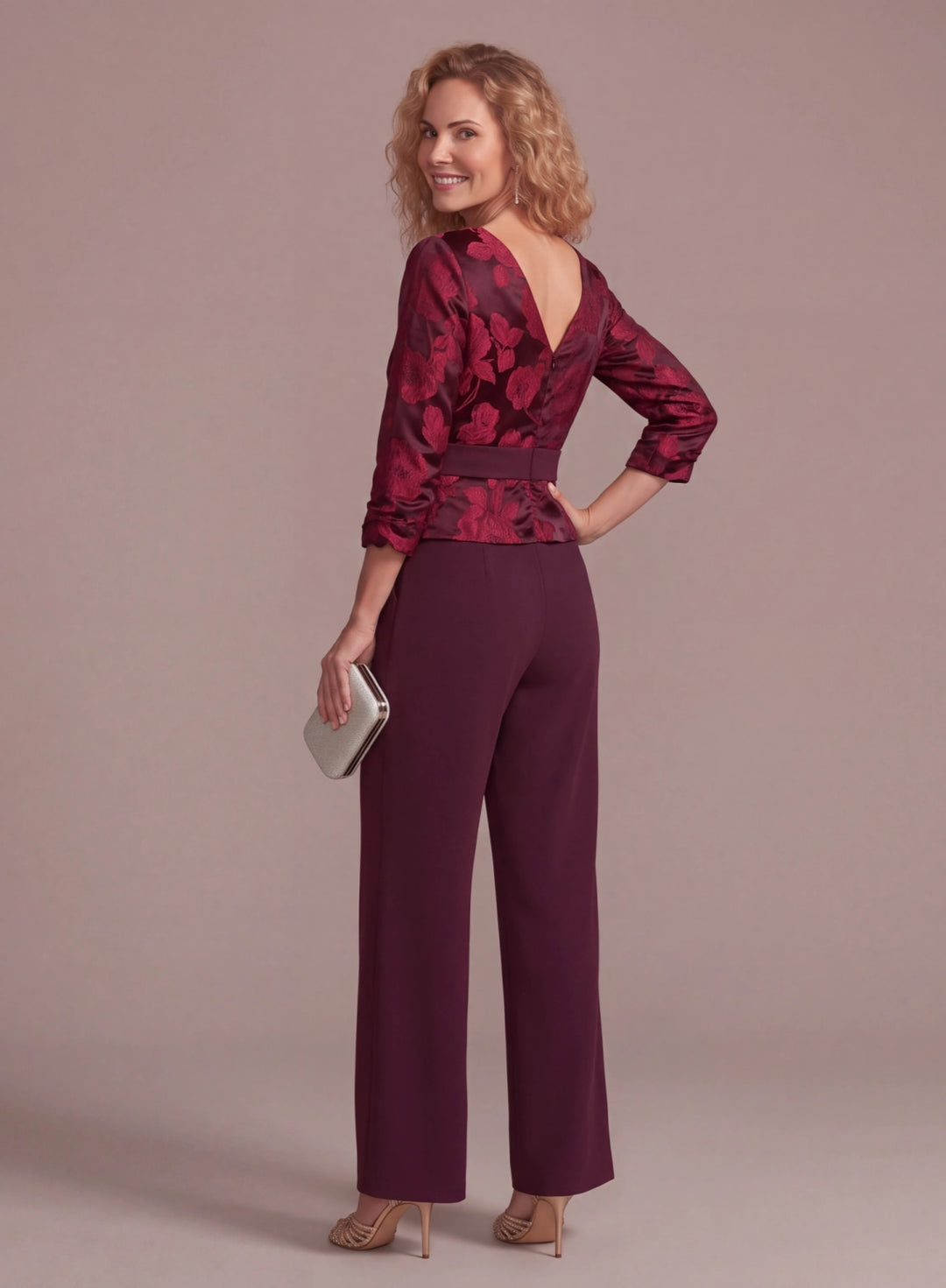 Back detail of burgundy floral jacquard pantsuit for special occasions