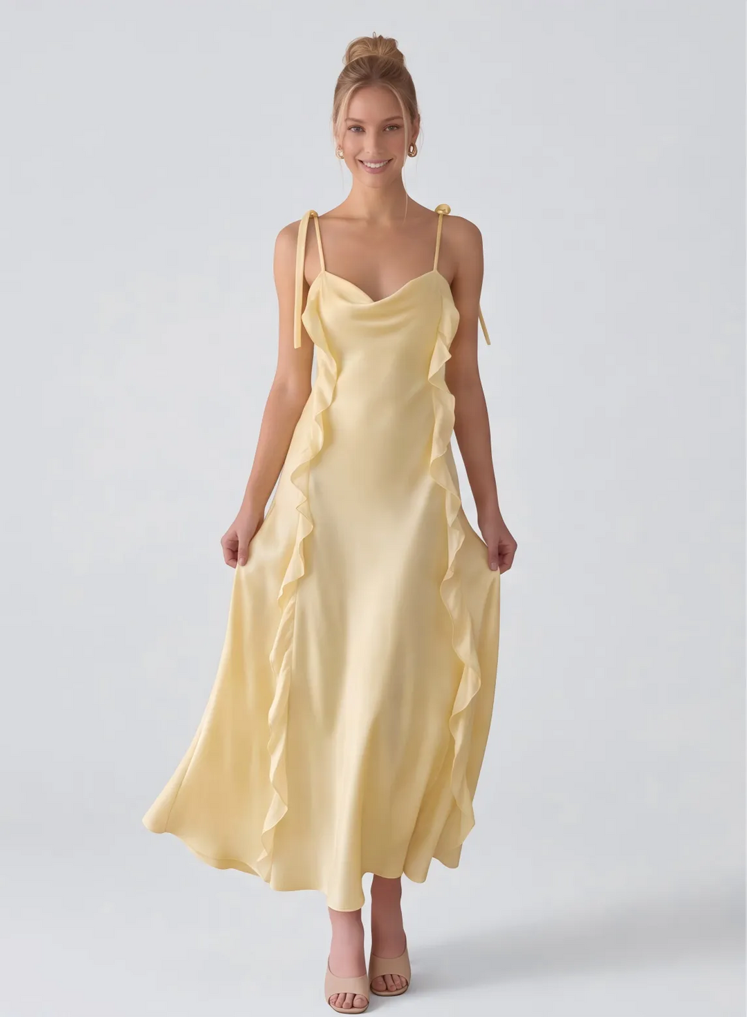 Butter yellow A-line formal dress with elegant flowing skirt, front view
