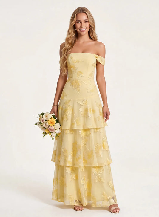 Butter yellow chiffon bridesmaid dress full length view