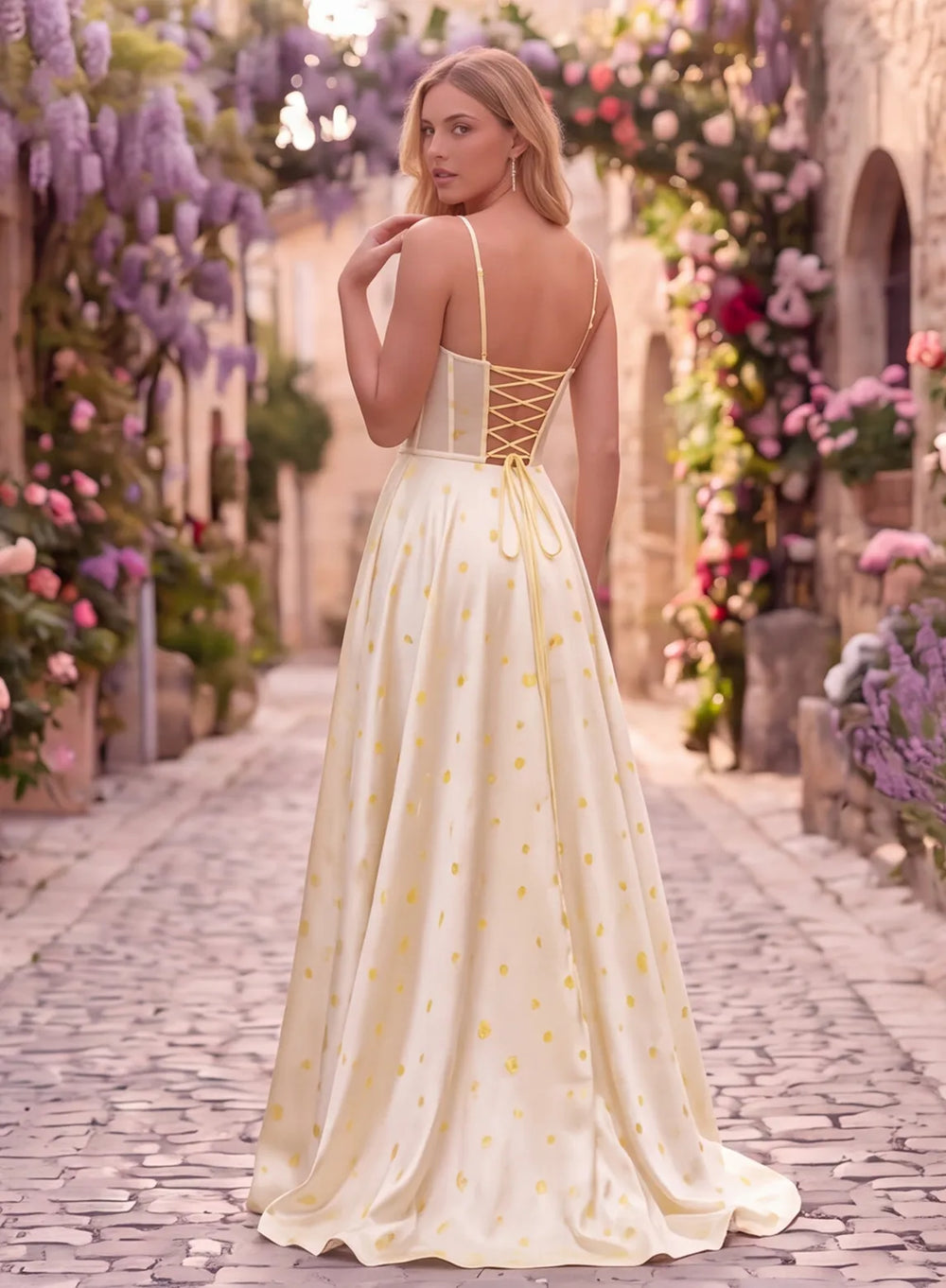 Back view of a butter yellow satin prom dress featuring a lace-up corset back and thin shoulder straps.