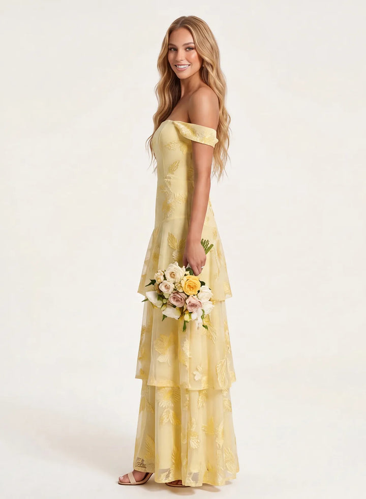 Butter yellow tiered bridesmaid dress for wedding
