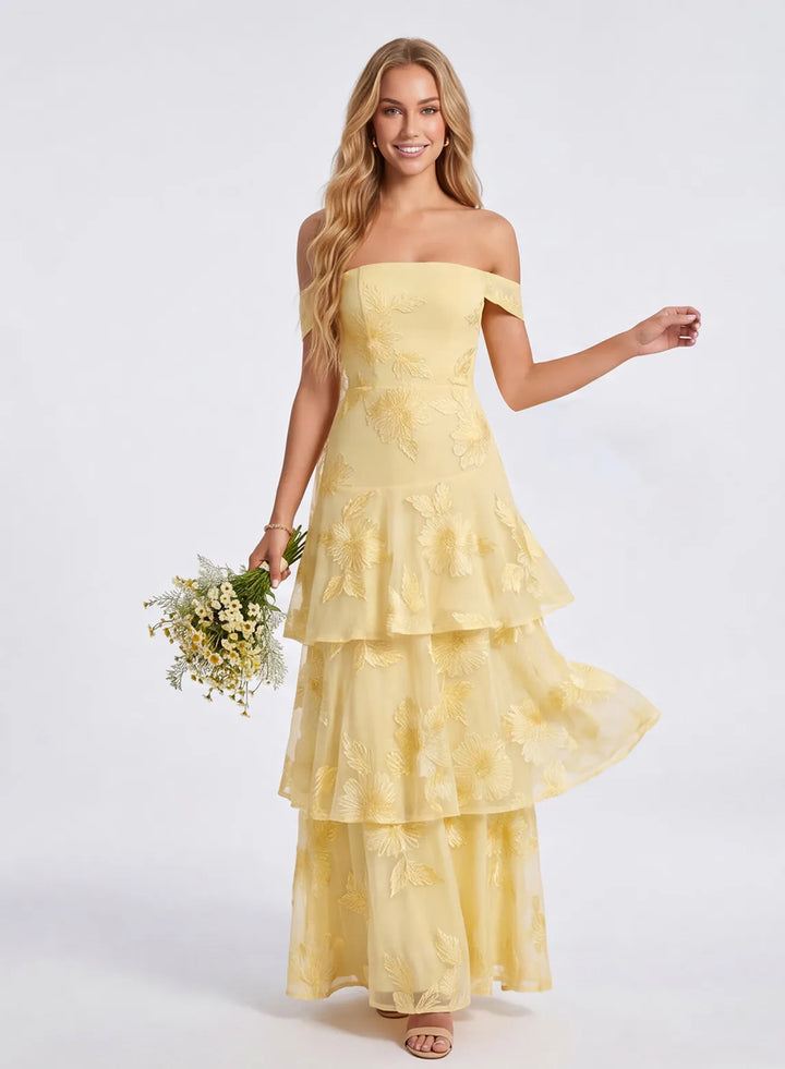 Butter yellow tiered chiffon bridesmaid dress front view