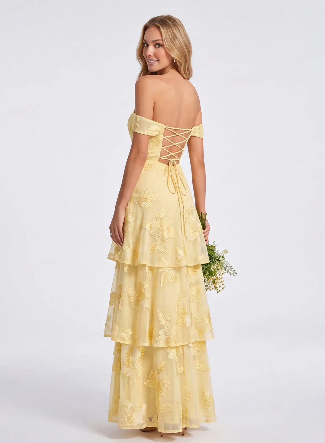 Butter yellow tiered chiffon bridesmaid dress back view