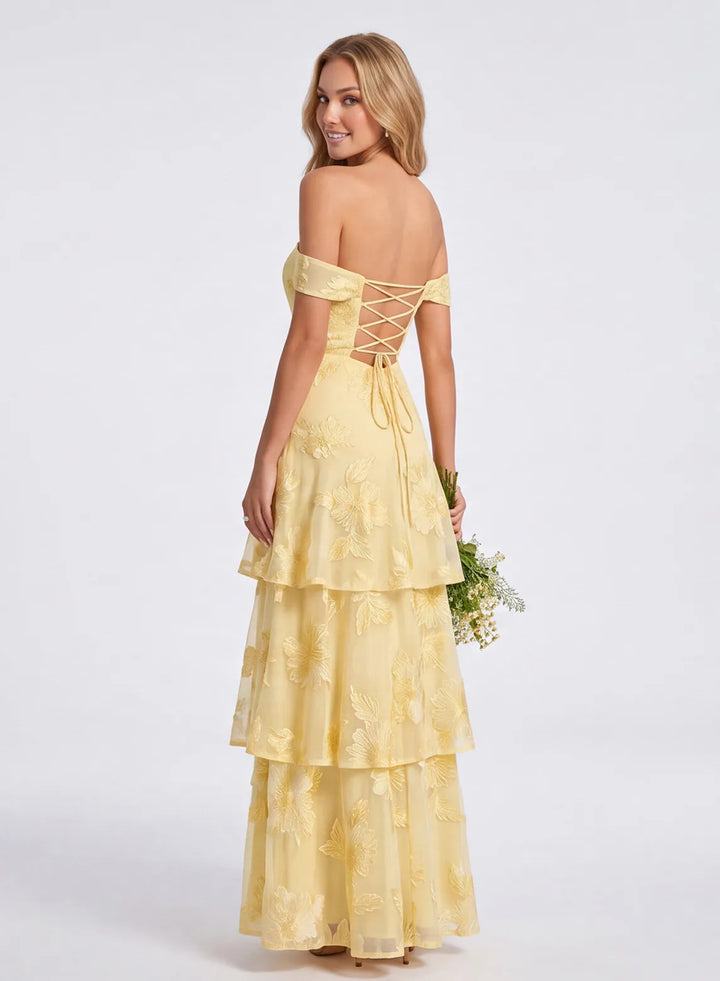 Butter yellow tiered chiffon bridesmaid dress back view