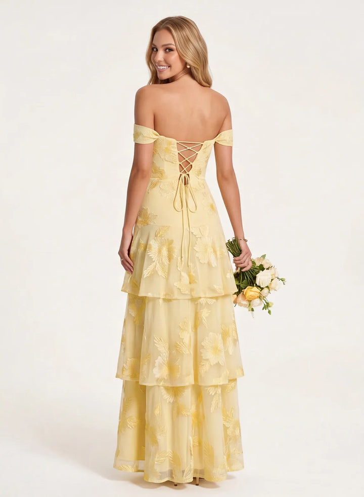 Butter yellow tiered chiffon bridesmaid dress back view
