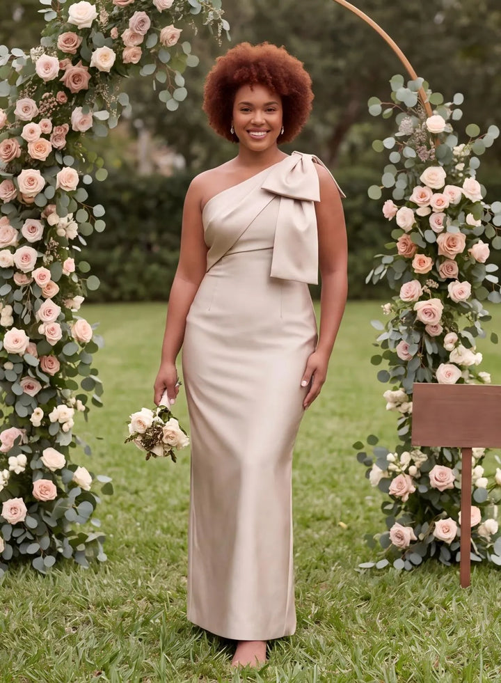 Champagne bow bridesmaid dress styled for a garden wedding